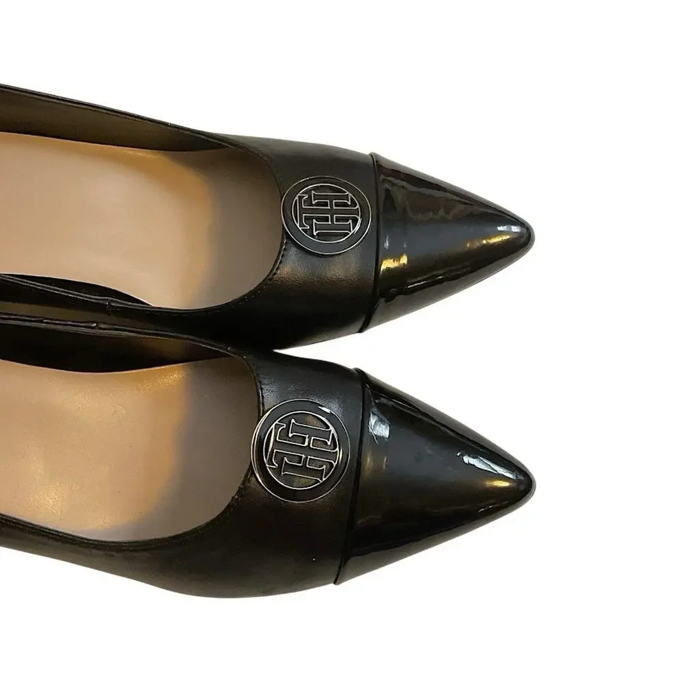 Tommy Hilfiger Women's Neysa Black Patent Toe Metal‎ Medallion Block Heels 9.5M